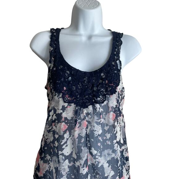 Mudd Women Tank Top M Blue Floral Crochet Trim Sheer Boho Festival Dainty‎ Girly - Picture 6 of 10
